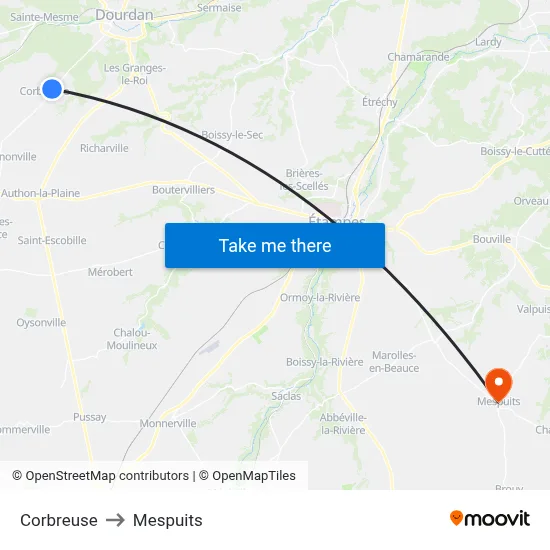 Corbreuse to Mespuits map