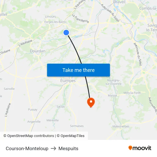Courson-Monteloup to Mespuits map