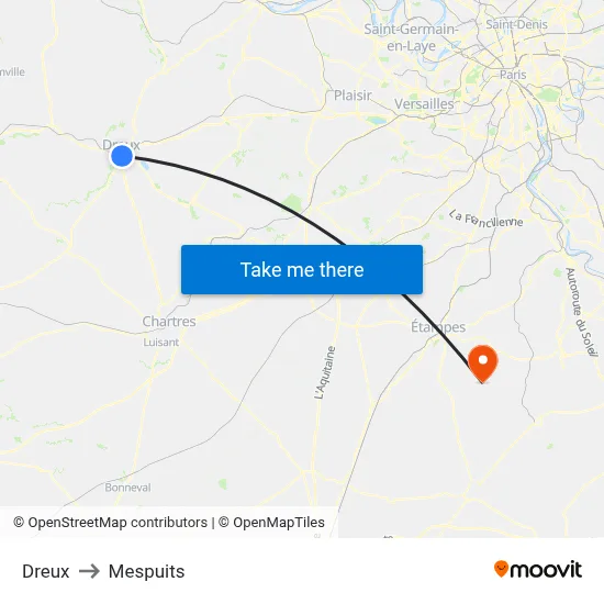 Dreux to Mespuits map