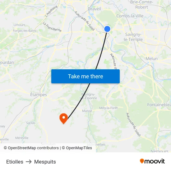 Etiolles to Mespuits map