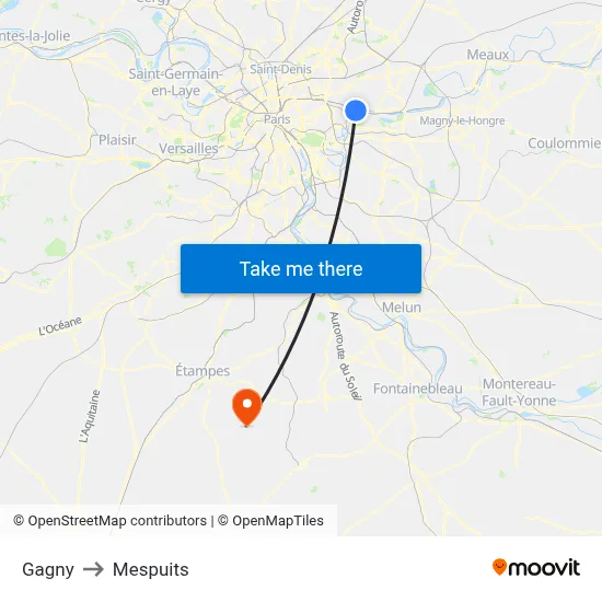 Gagny to Mespuits map