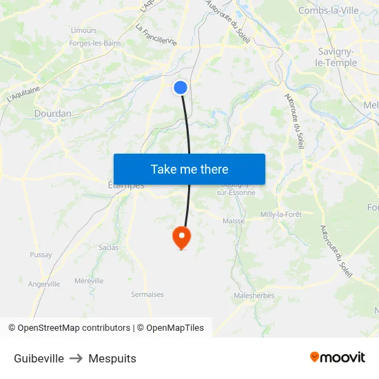 Guibeville to Mespuits map