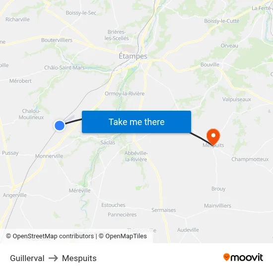 Guillerval to Mespuits map