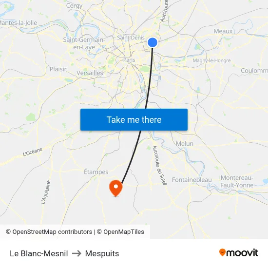Le Blanc-Mesnil to Mespuits map