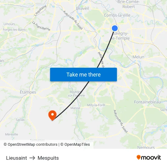 Lieusaint to Mespuits map