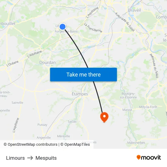 Limours to Mespuits map
