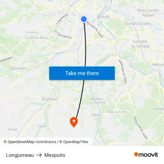 Longjumeau to Mespuits map