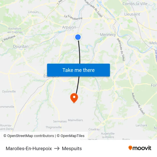 Marolles-En-Hurepoix to Mespuits map