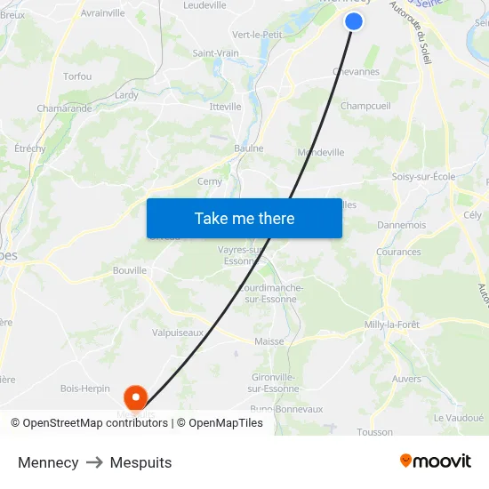 Mennecy to Mespuits map