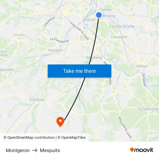 Montgeron to Mespuits map