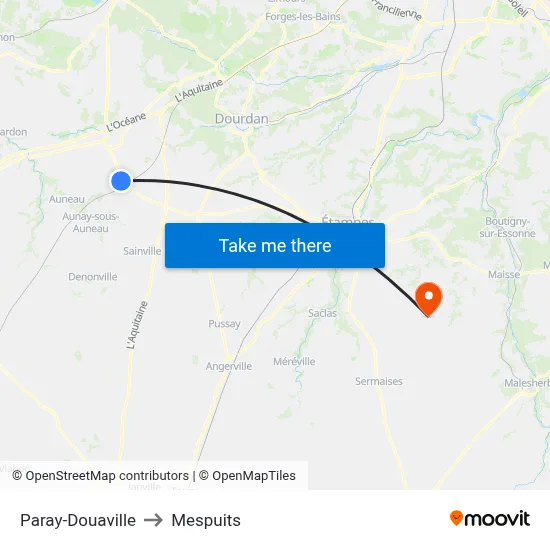 Paray-Douaville to Mespuits map