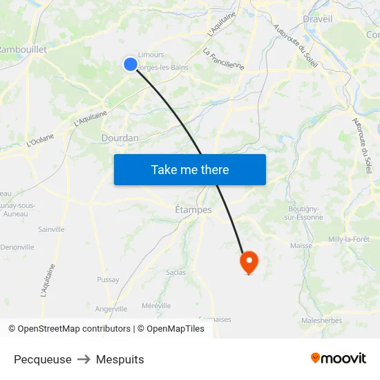 Pecqueuse to Mespuits map
