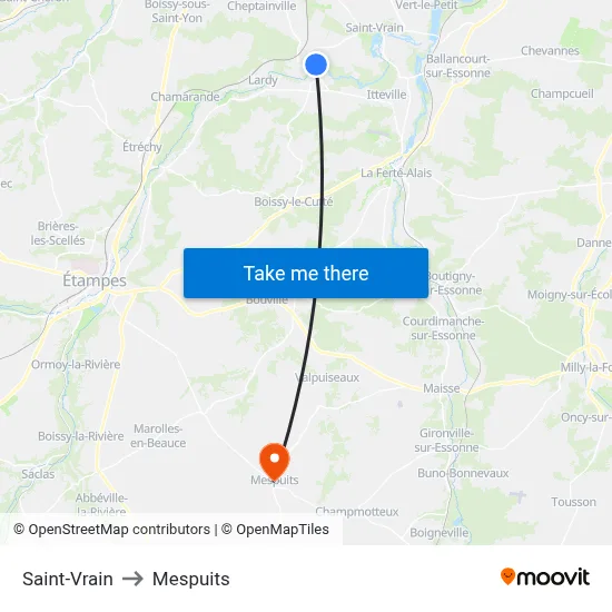 Saint-Vrain to Mespuits map