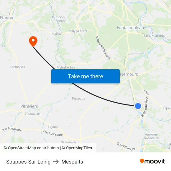Souppes-Sur-Loing to Mespuits map