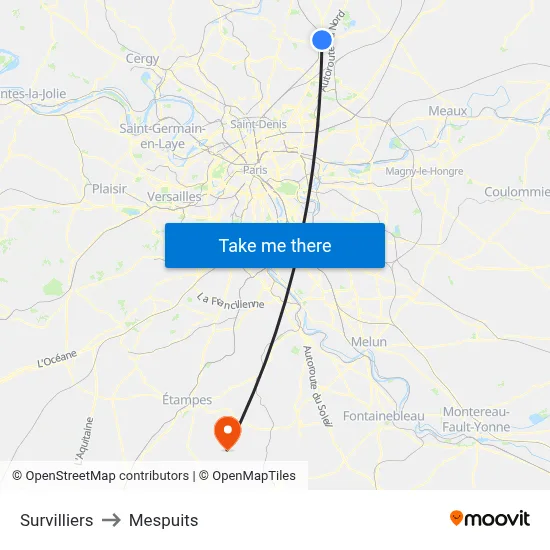 Survilliers to Mespuits map