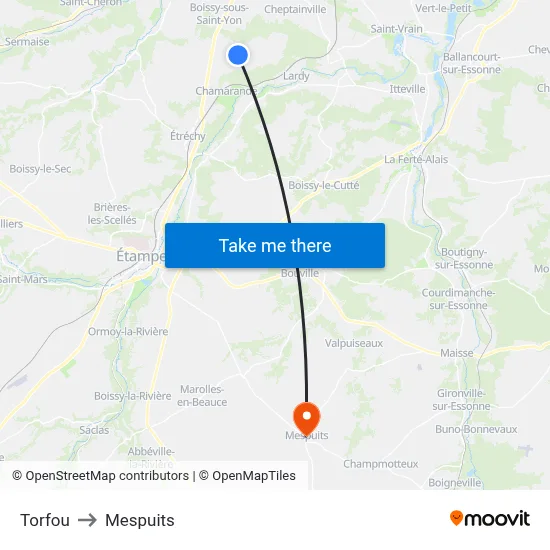 Torfou to Mespuits map