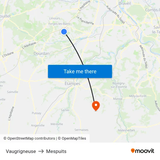 Vaugrigneuse to Mespuits map