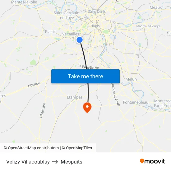 Velizy-Villacoublay to Mespuits map