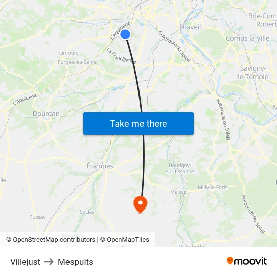 Villejust to Mespuits map
