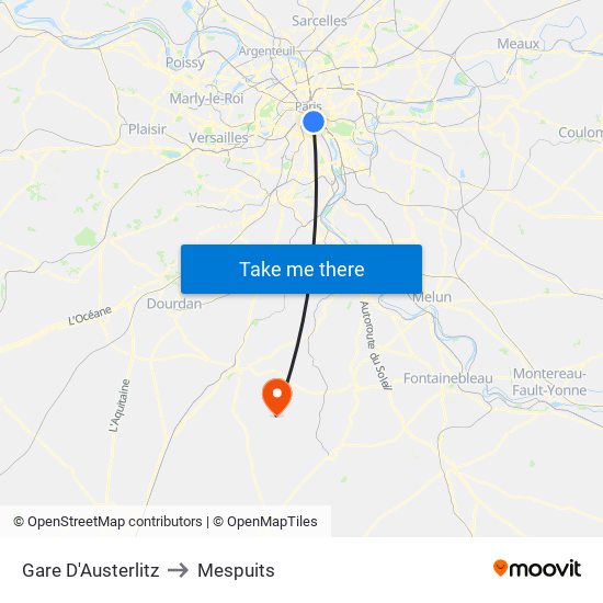 Gare D'Austerlitz to Mespuits map