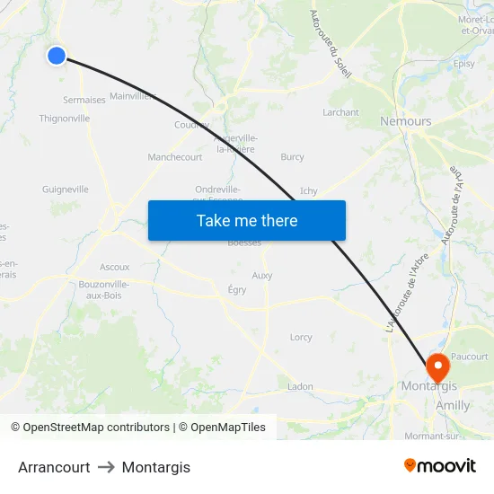 Arrancourt to Montargis map