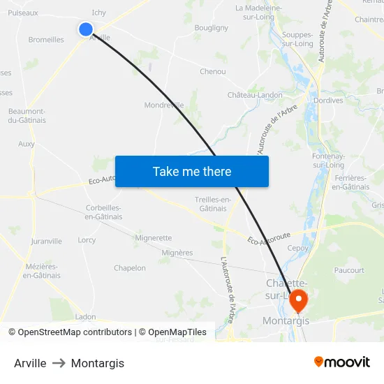 Arville to Montargis map