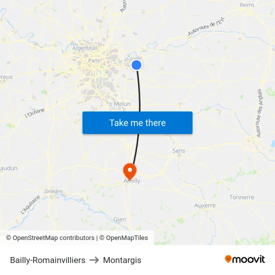 Bailly-Romainvilliers to Montargis map