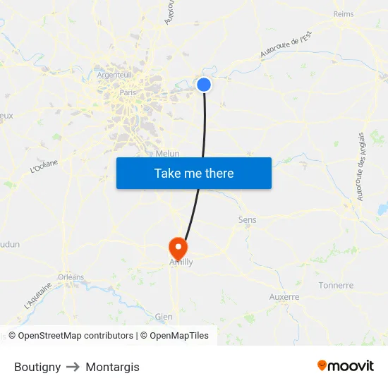 Boutigny to Montargis map