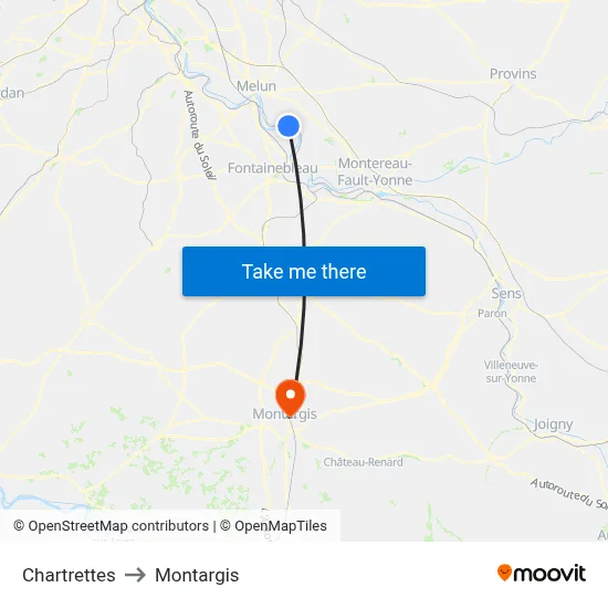 Chartrettes to Montargis map