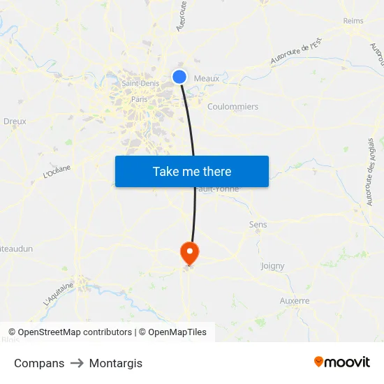 Compans to Montargis map