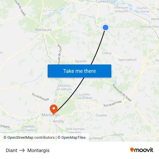 Diant to Montargis map