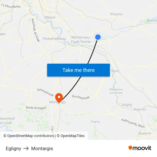 Egligny to Montargis map