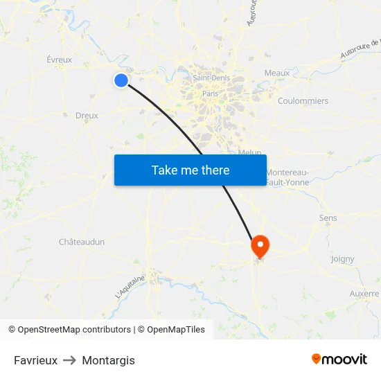 Favrieux to Montargis map