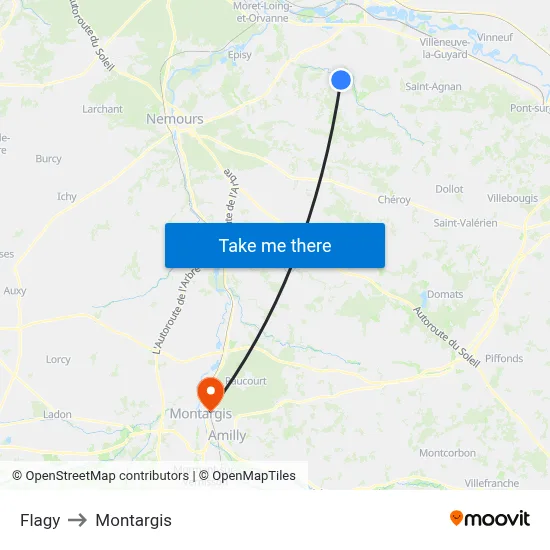 Flagy to Montargis map