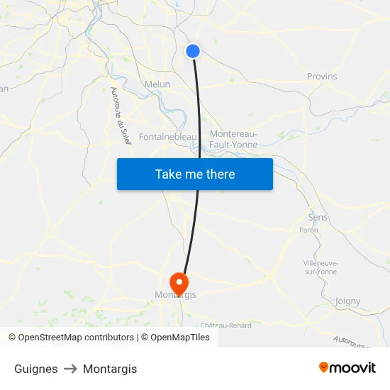 Guignes to Montargis map