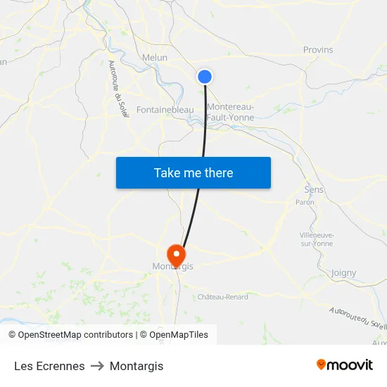 Les Ecrennes to Montargis map