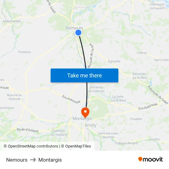 Nemours to Montargis map