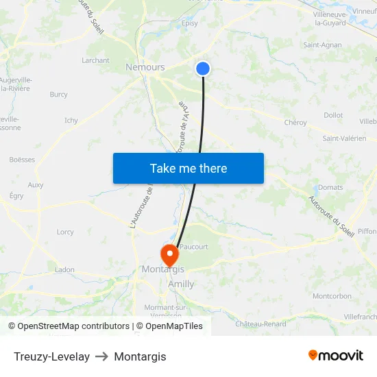 Treuzy-Levelay to Montargis map