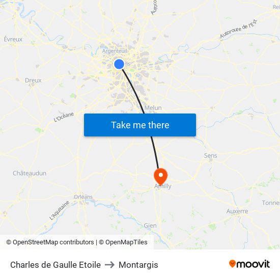 Charles de Gaulle Etoile to Montargis map