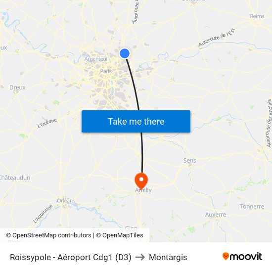Roissypole - Aéroport Cdg1 (D3) to Montargis map