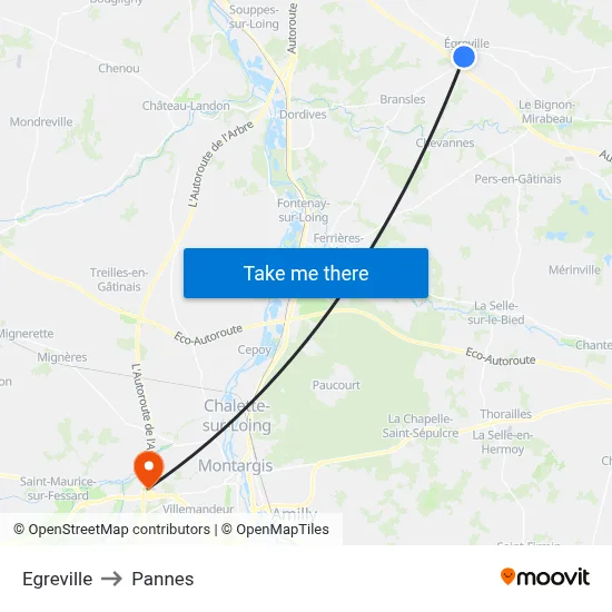 Egreville to Pannes map