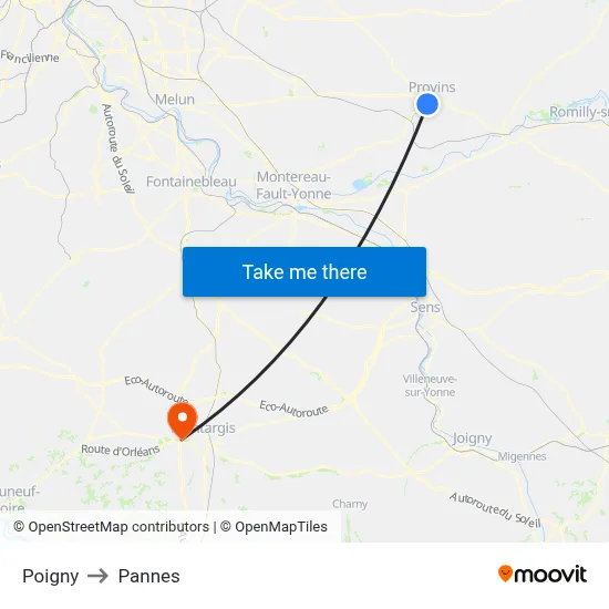 Poigny to Pannes map