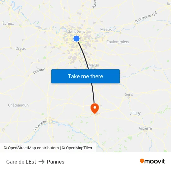 Gare de L'Est to Pannes map