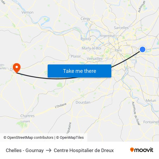 Chelles - Gournay to Centre Hospitalier de Dreux map