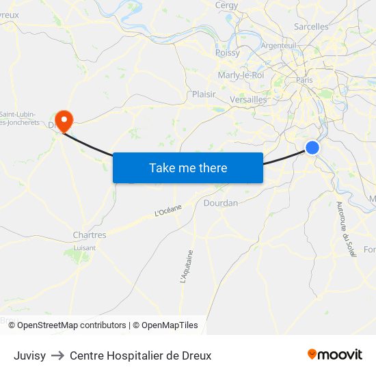 Juvisy to Centre Hospitalier de Dreux map