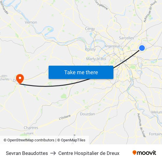 Sevran Beaudottes to Centre Hospitalier de Dreux map