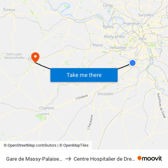 Gare de Massy-Palaiseau to Centre Hospitalier de Dreux map