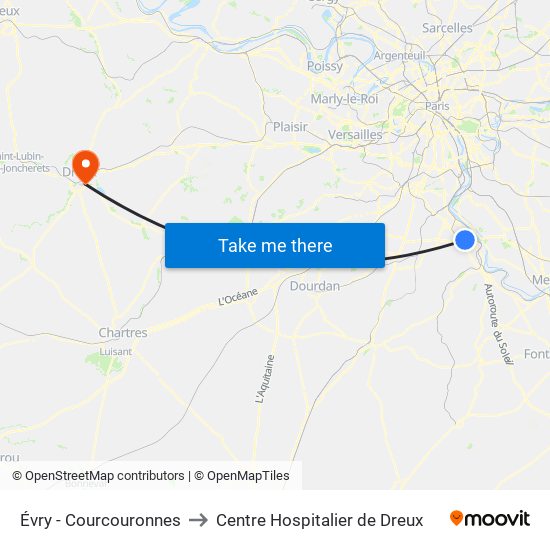 Évry - Courcouronnes to Centre Hospitalier de Dreux map