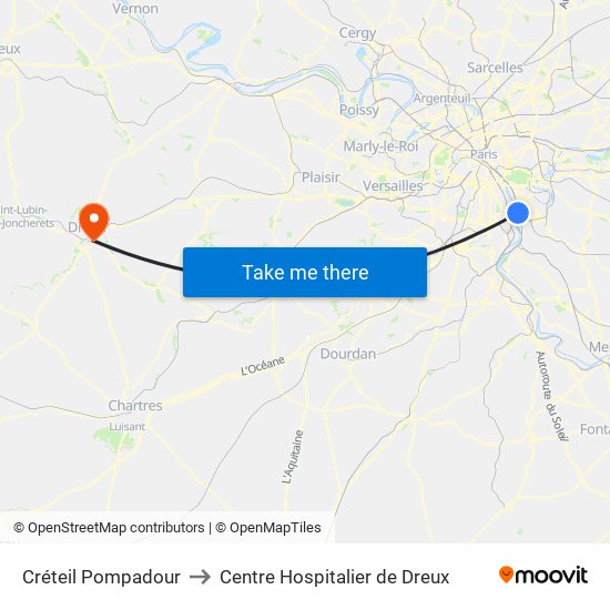 Créteil Pompadour to Centre Hospitalier de Dreux map