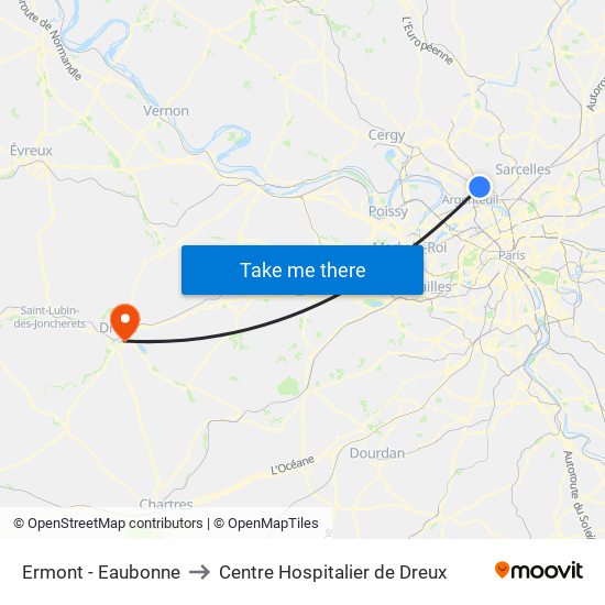 Ermont - Eaubonne to Centre Hospitalier de Dreux map